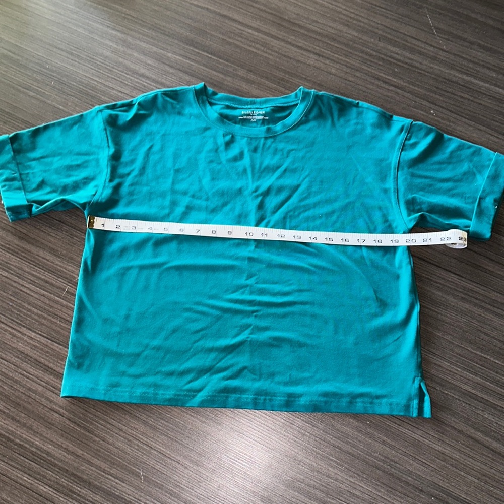 Eileen Fisher Size Petite Small, Blue/Green Crop Shirt Cuff Sleeve